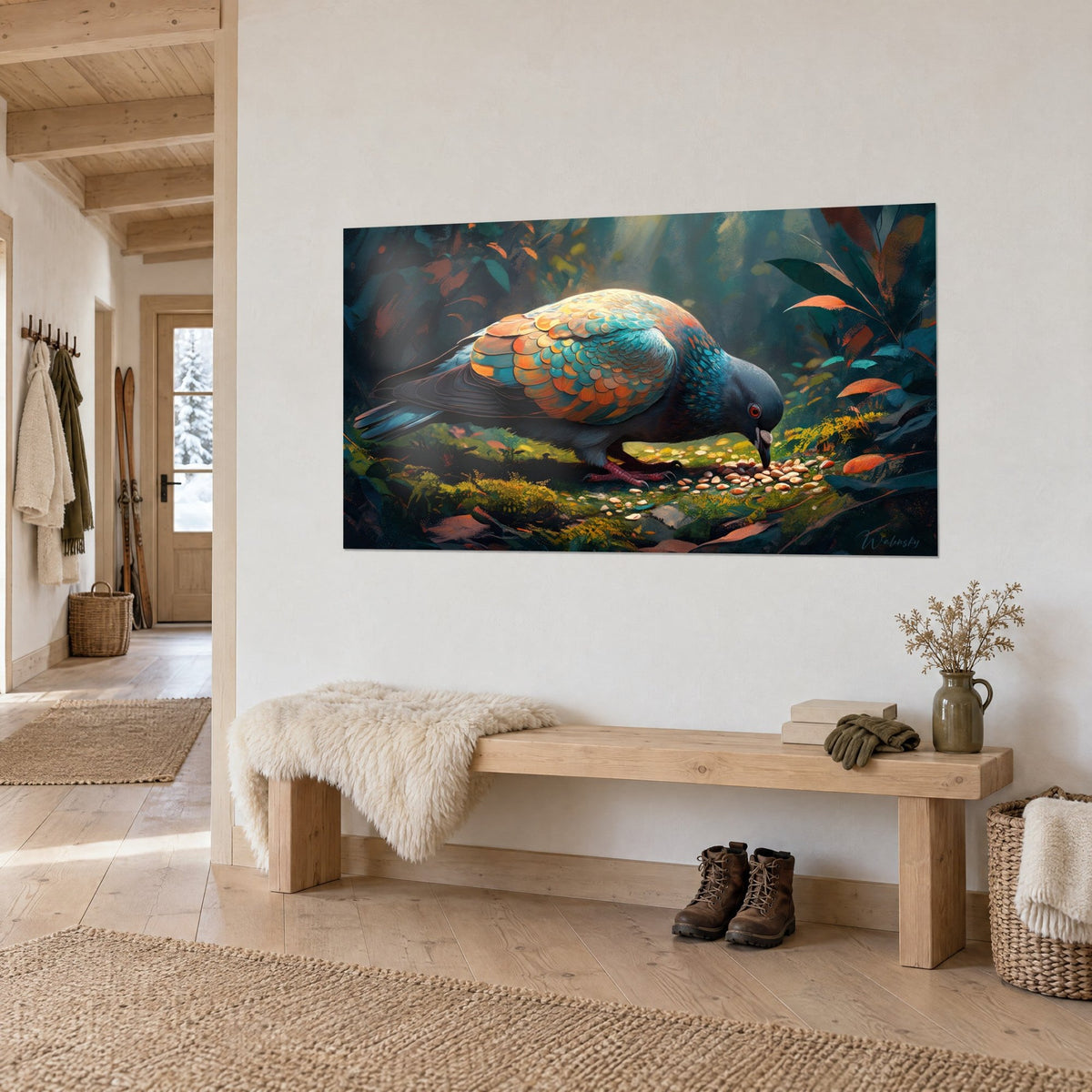 Wall art of a grey-blue bird with copper-toned scales pecking seeds on a green moss rug, entryway with light wood
