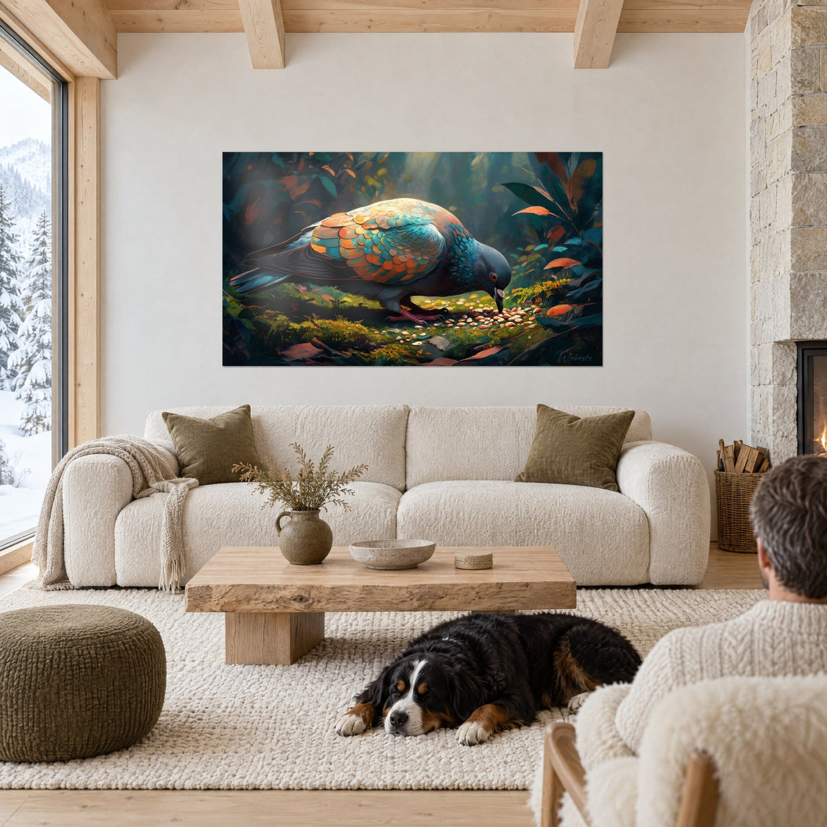 Wall art of a pigeon with turquoise and orange plumage bent over moss, hung above a sofa in a bright living room
