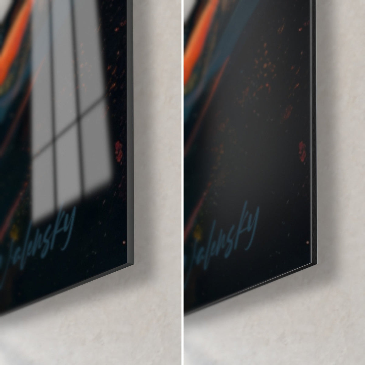 Wall art of a turquoise and orange pigeon, bottom right corner: glossy acrylic glass on the left, matte black Dibond on the right, 3 mm edge