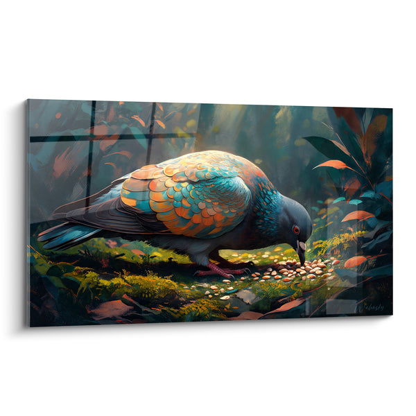 Tableau Pigeon aux plumes turquoise et orangées picorant - Instant de quiétude - Edition Colombe