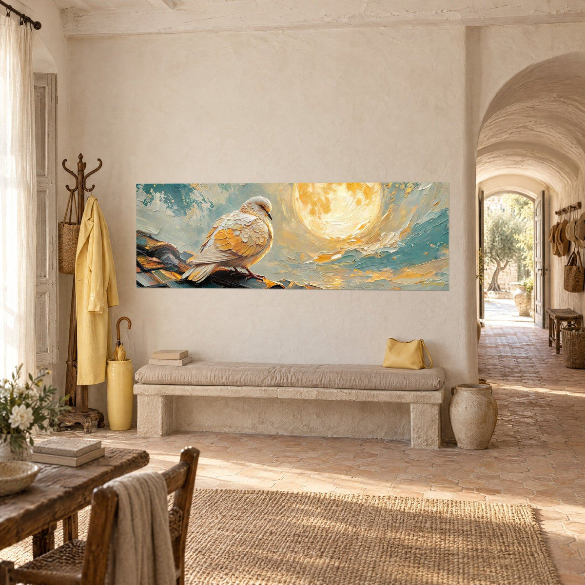 Quadro uccello bianco dal piumaggio dorato in rilievo su tegole scure, luna ambrata e cielo azzurro-verde, in un ingresso a volta di un masseria
