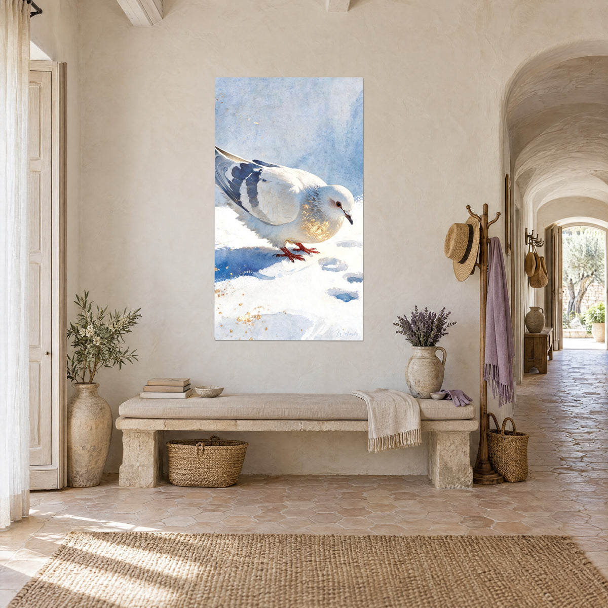 Wall art bird with cream and midnight blue plumage walking in the snow, golden specks, hung above a stone bench