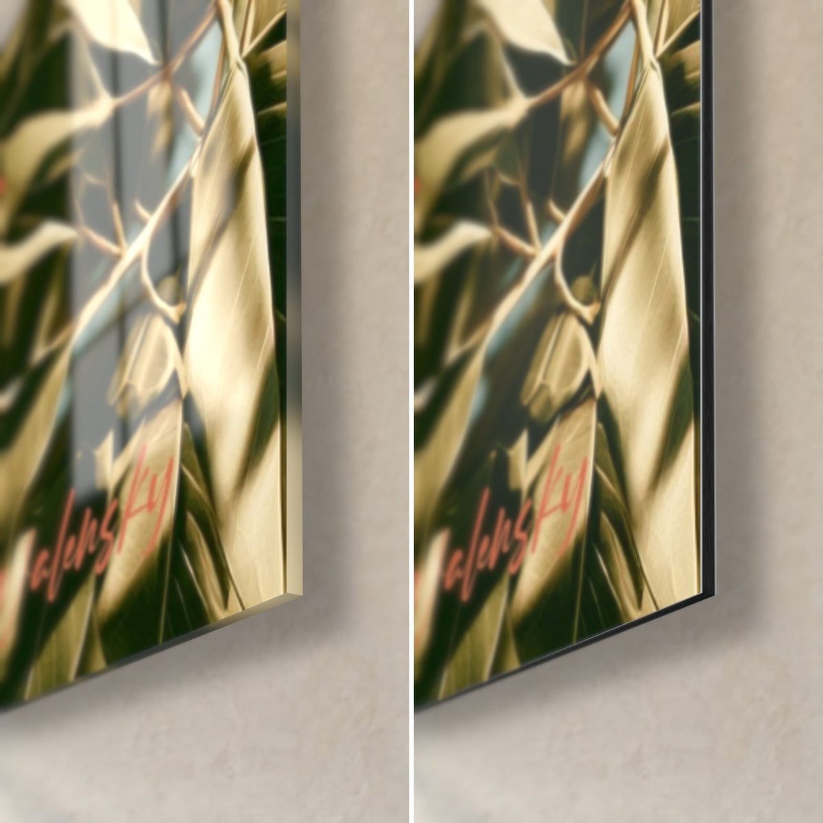 Schilderij witte duif met gouden veren, rechtsonder in beeld: glanzend glas met reflecties links, mat Dibond-aluminium rechts, rand van 3 mm