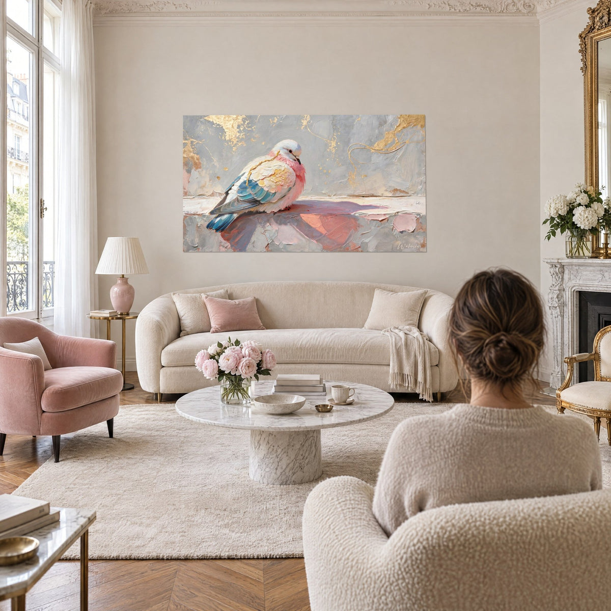 Wall art dove with pink and turquoise blue plumage, gold leaf accents, hanging above a sofa in a bright living room