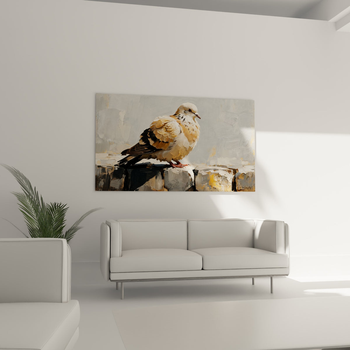 Plumage beige et sombre d'une colombe peinte avec relief, tableau au-dessus d'un canapé dans un salon lumineux