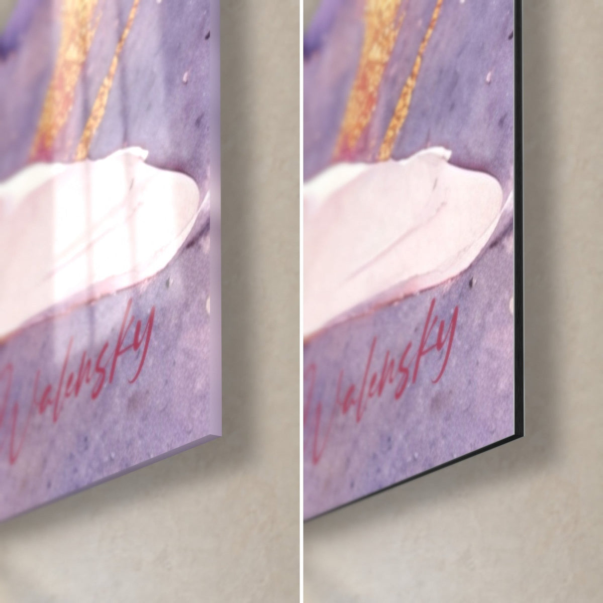 Wall art dove with white and lavender feathers, bottom right corner: glossy acrylic glass on the left, matte brushed Dibond aluminum on the right, 3 mm edge