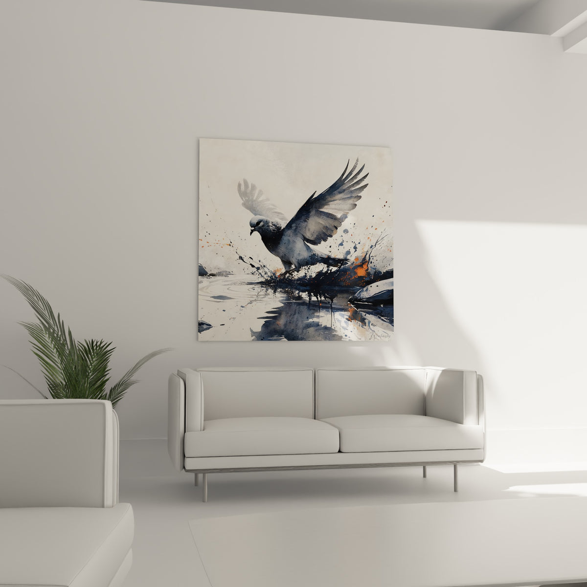 Oiseau gris bleu marine en plein mouvement d'ailes, suspendu au-dessus d'un canapé dans un salon lumineux