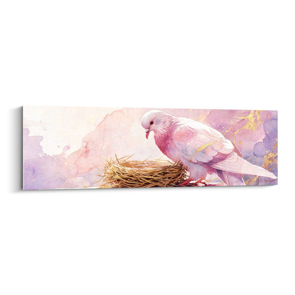 Tableau Colombe rose et blanche penchée vers un nid doré - Brindilles dorées entrelacées - Edition Colombe