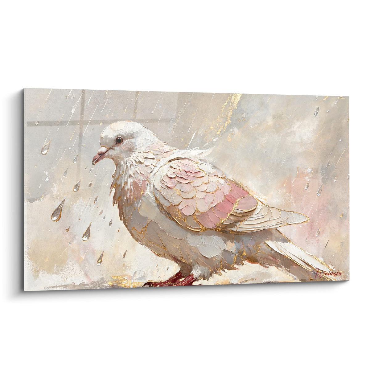 Colombe rose pastel et dorée, plumage détaillé, sous une pluie fine et lumineuse