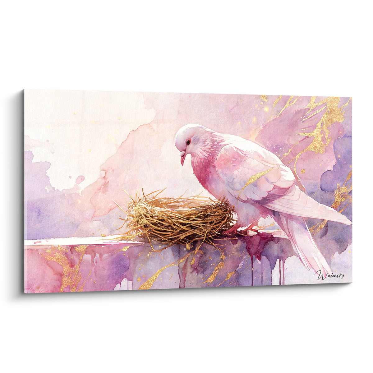 Wall art pink and white dove leaning over a golden nest, violet watercolor and pastel background
