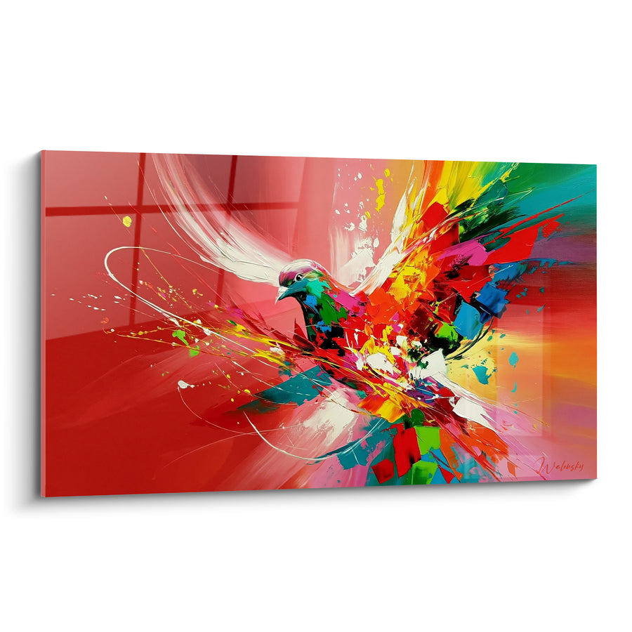 Tableau Colombe éclatante rouge et multicolore en envol - Envol explosif - Edition Colombe