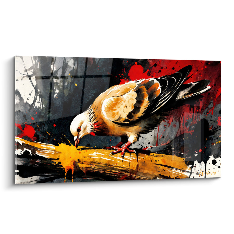 Tableau Colombe perchée aux éclaboussures rouge et noir - Instinct sauvage - Edition Colombe