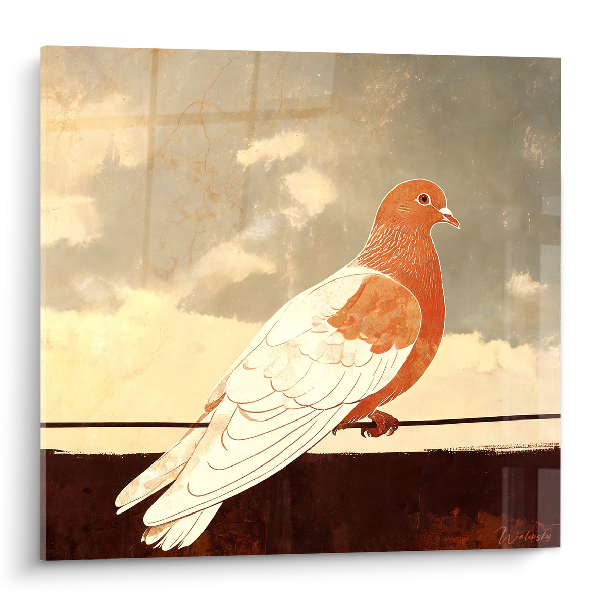 Colombe rousse et blanche perchée sur un fil devant un ciel texturé gris et ocre