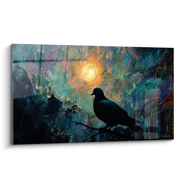 Tableau Colombe silhouette noire branche dorée - Veille sous la lune - Edition Colombe