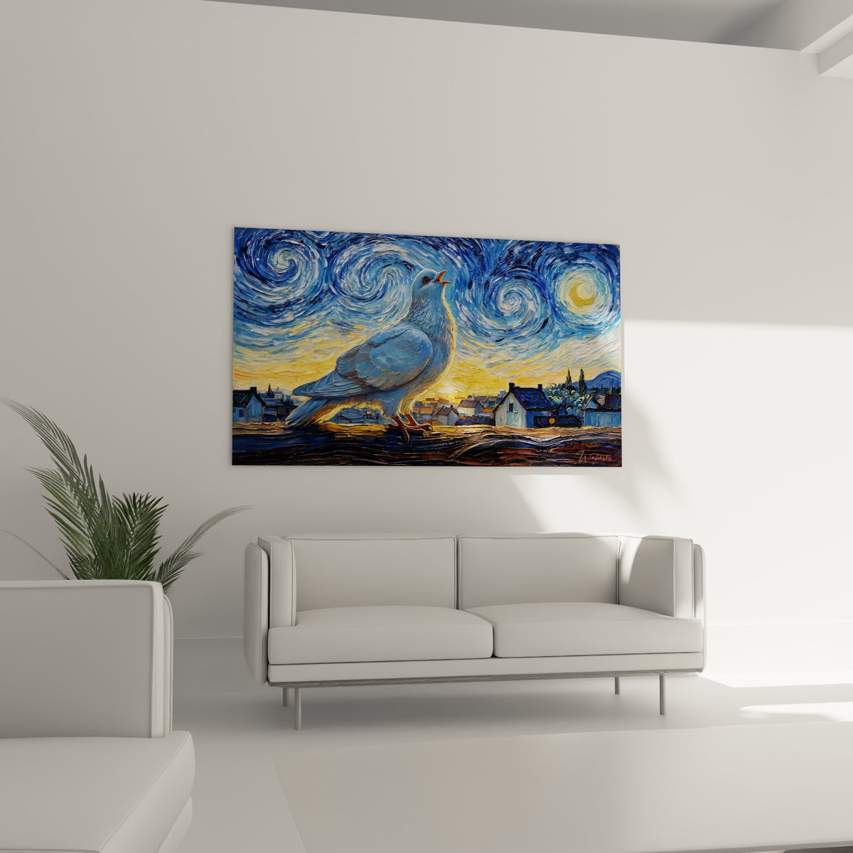 Silhouette de colombe blanche et bleue devant un ciel spirale doré, au-dessus d'un canapé dans un salon lumineux.