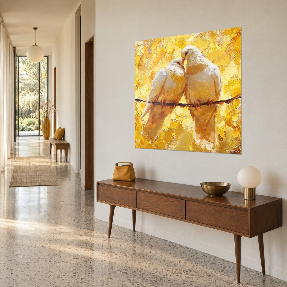 Wall art ivory pigeon pair beak to beak on a rusted bramble, thick ochre and lemon impasto, three-quarter view in a hallway