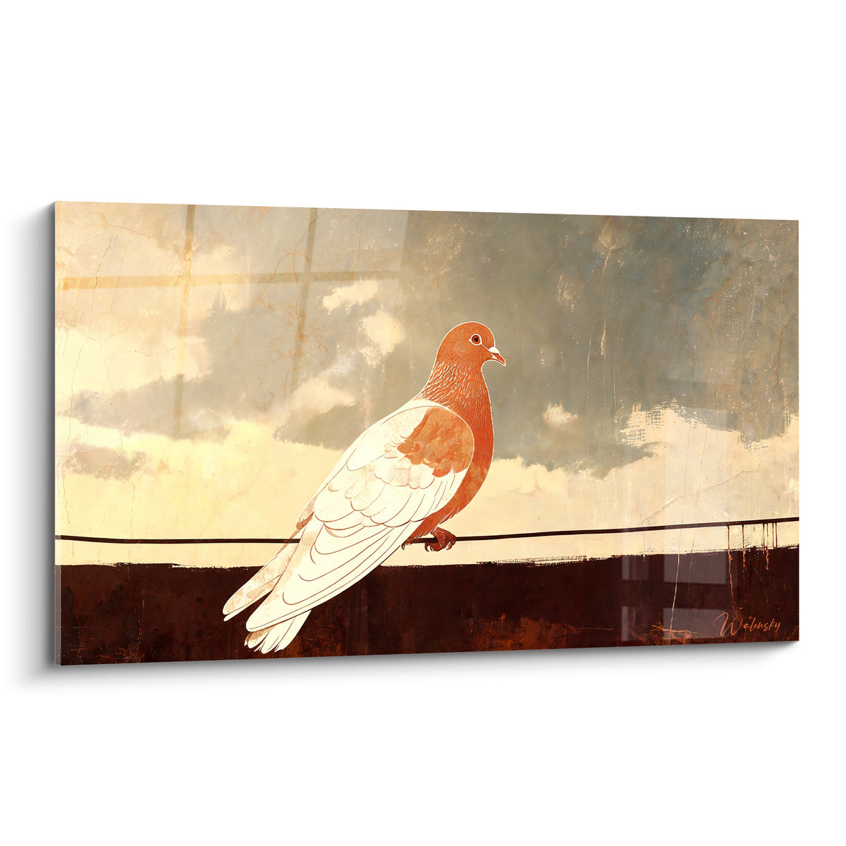 Colombe terracotta et blanche perchée sur un fil, ciel gris-vert voilé de nuages beiges patinés