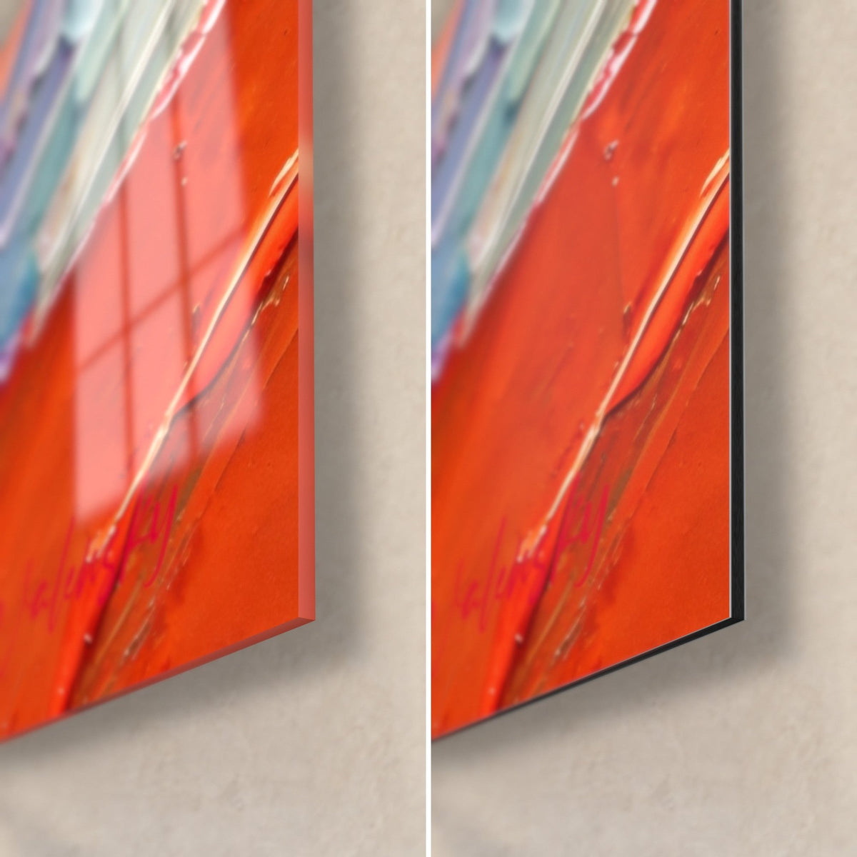Cuadro paloma de plumas naranja vivo, esquina inferior derecha: vidrio acrílico brillante con reflejos, aluminio Dibond negro mate, grosor de 3 mm
