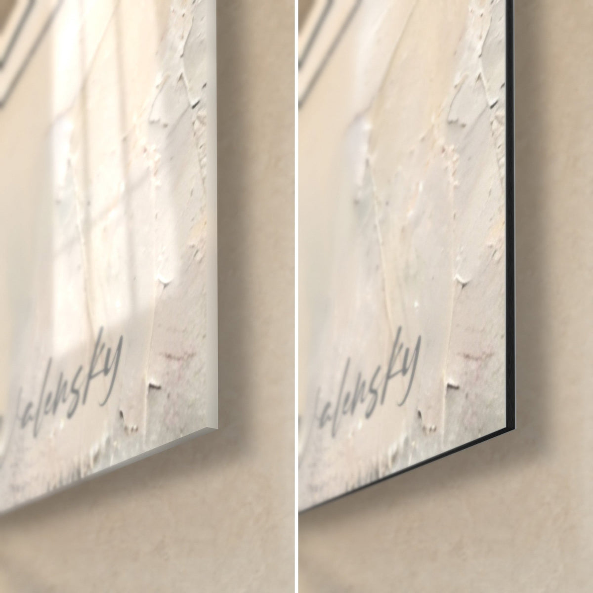 Gemälde: schwarze Taube auf Draht, untere rechte Ecke: glänzendes Acrylglas links, mattes Dibond-Aluminium rechts, 3 mm Kante