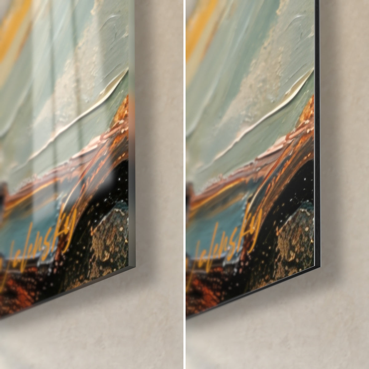 Tableau colombe perchée sur un toit, coin bas droit : tuiles cuivrées et noires, verre acrylique brillant à gauche, Dibond mat à droite, tranche de 3 mm