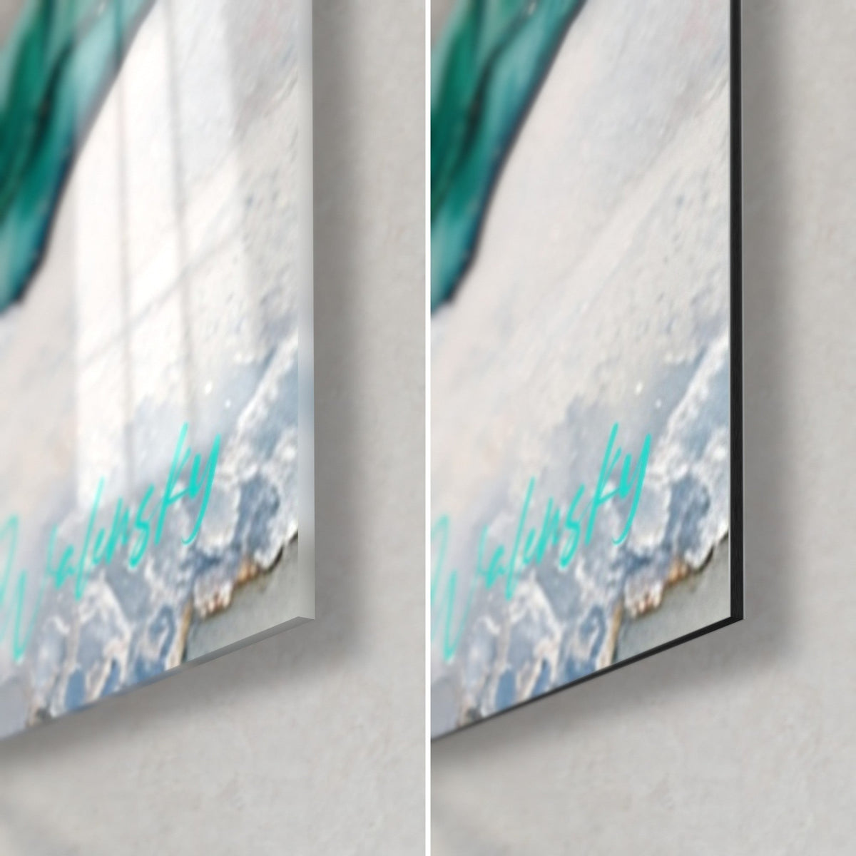 Wall art grey dove, bottom right corner: glossy acrylic glass on the left, matte Dibond aluminium on the right, 3 mm edge, bluish foam