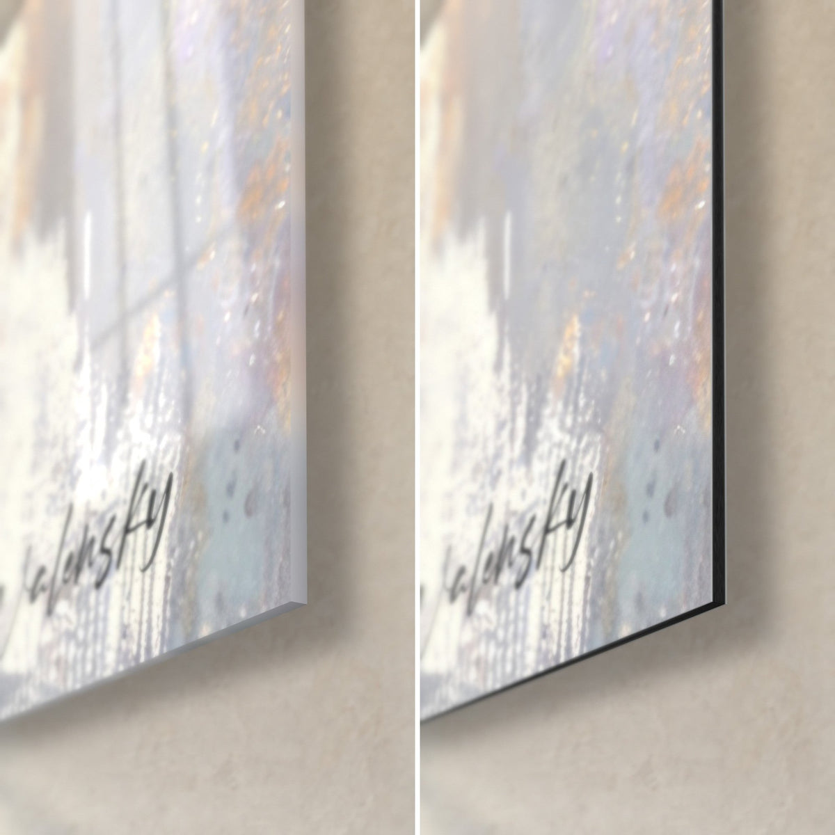 Gemälde makellose Turteltaube, untere rechte Ecke: glänzendes Acrylglas mit Reflexen links, mattschwarzes Dibond rechts, 3 mm feine Kante