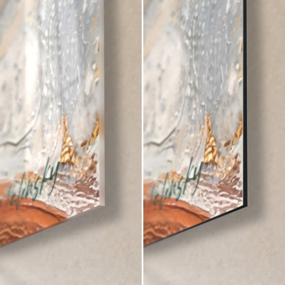 Tableau oiseau vert et blanc sur tuiles orangées, coin bas droit : verre acrylique brillant à gauche, Dibond mat à droite