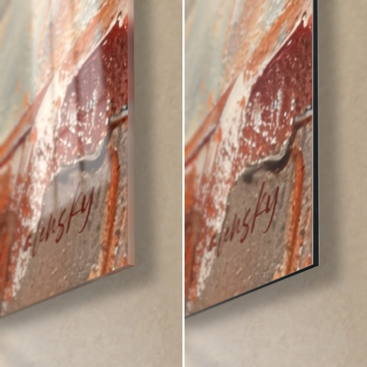 Wall art white dove, bottom right corner, ochre and rust impasto, glossy glass on the left, matte Dibond aluminium on the right