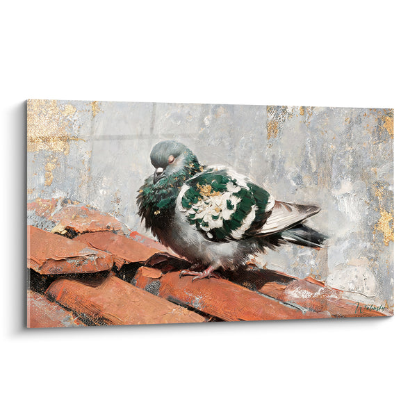 Tableau Pigeon perché sur toit terracotta gris - Silence des toits - Edition Colombe