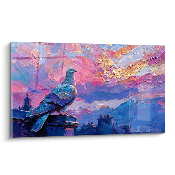 Tableau Colombe perchée toits roses et bleus - Veille au crépuscule - Edition Colombe