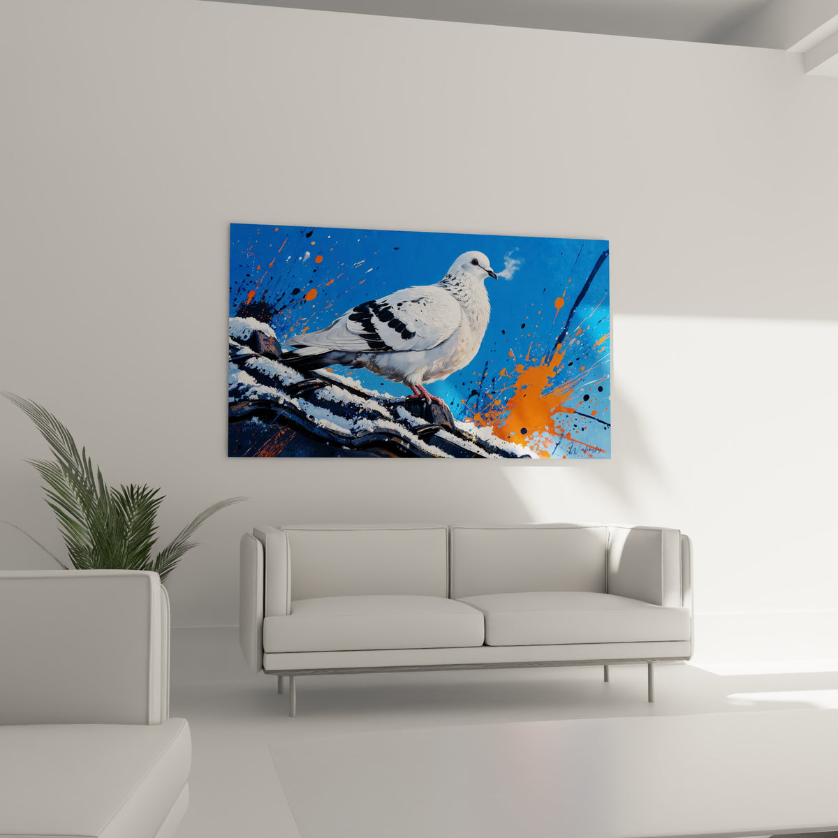 Colombe posée sur tuiles neigeuses, fond bleu marine et orange, au-dessus d'un canapé dans un salon lumineux