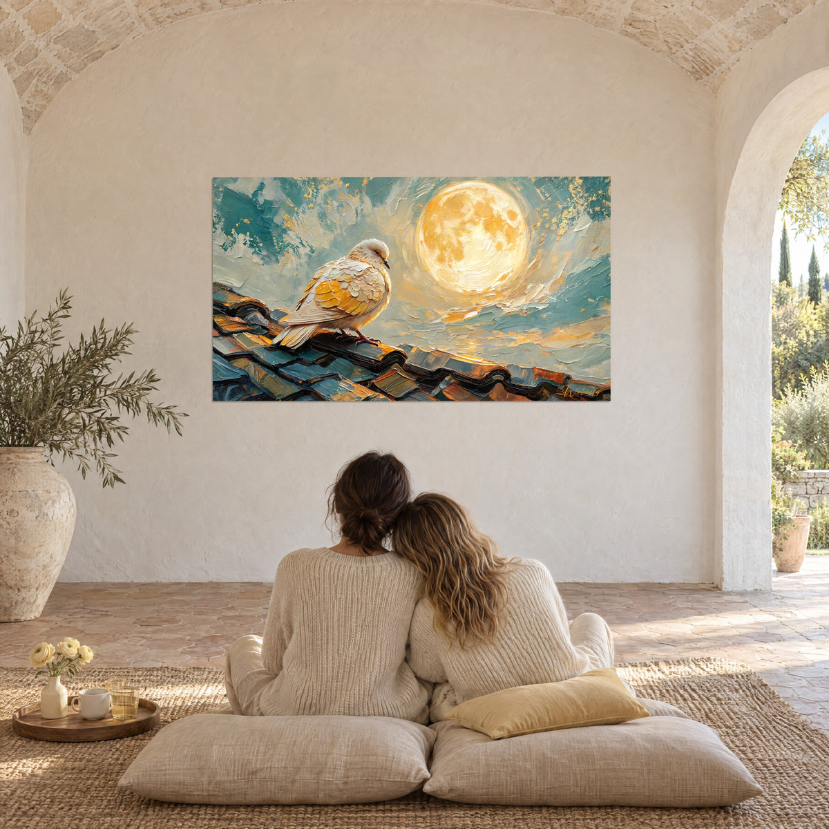Tableau colombe veillant sous un disque lunaire doré, touches de turquoise et d'ocre, couple enlacé de dos sur des coussins, mas à voûtes de pierre
