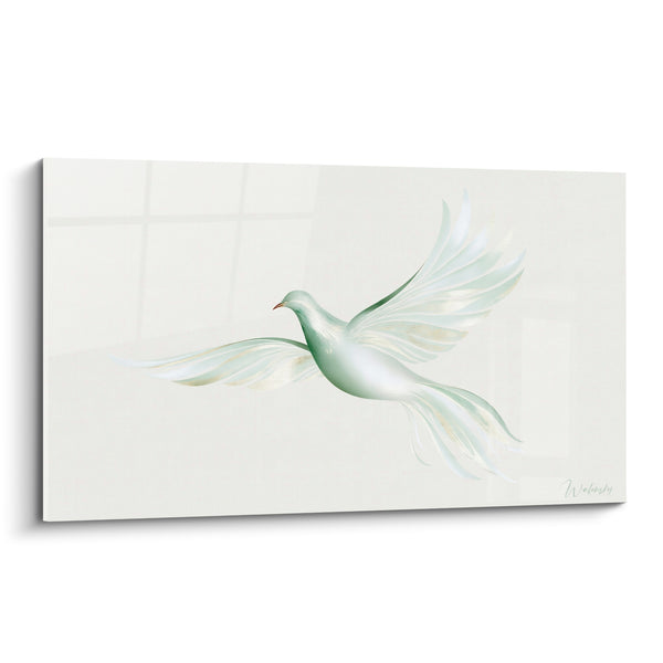 Tableau Colombe blanche aux plumes vert sauge - Envol paisible - Edition Colombe