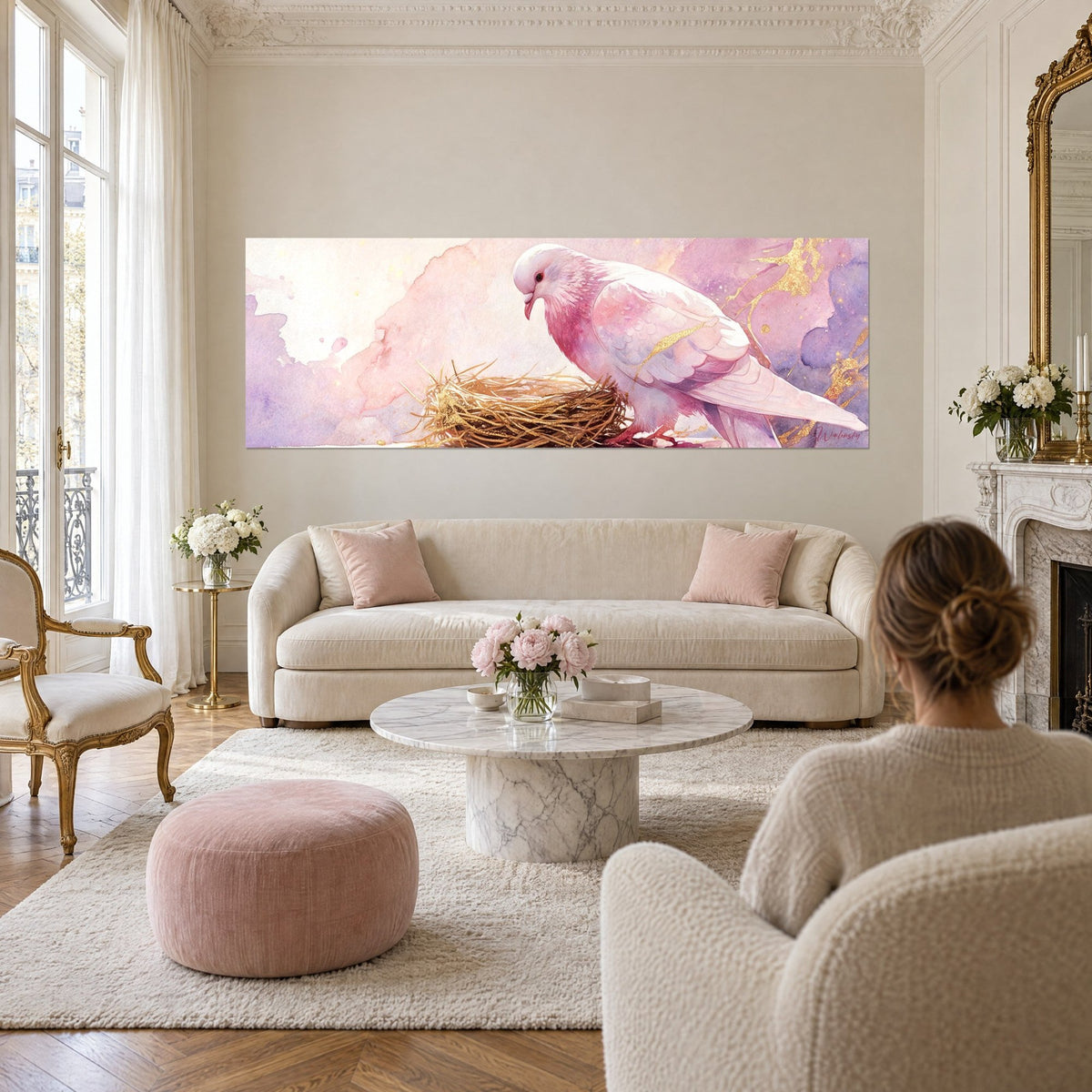 Wall art rose and white dove leaning over a golden nest, lavender watercolor, two people seen from behind above a sofa in a bright living room