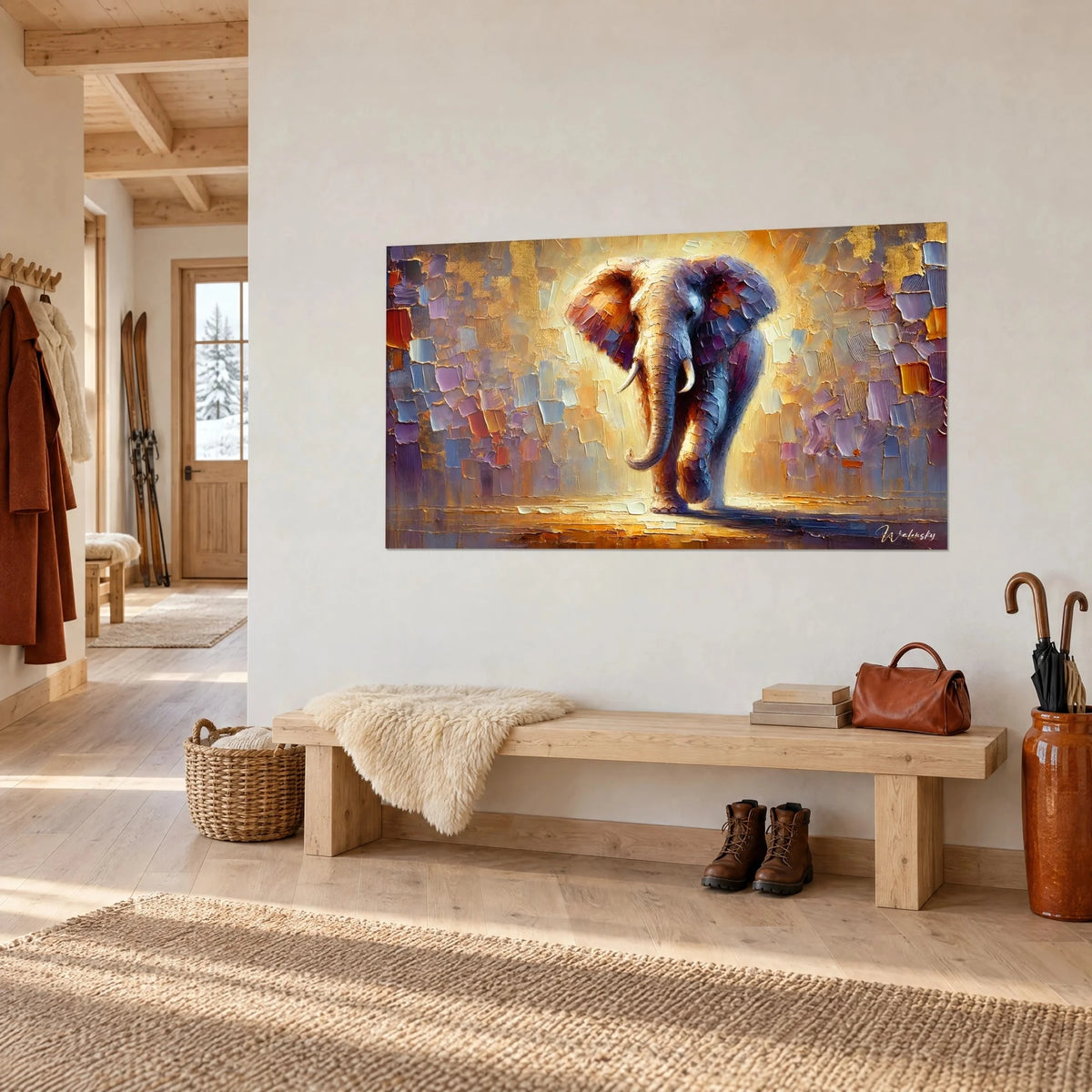 Wall art of a pachyderm with a curled trunk, amber and lilac palette knife strokes on a golden background, three-quarter view in the entrance hall