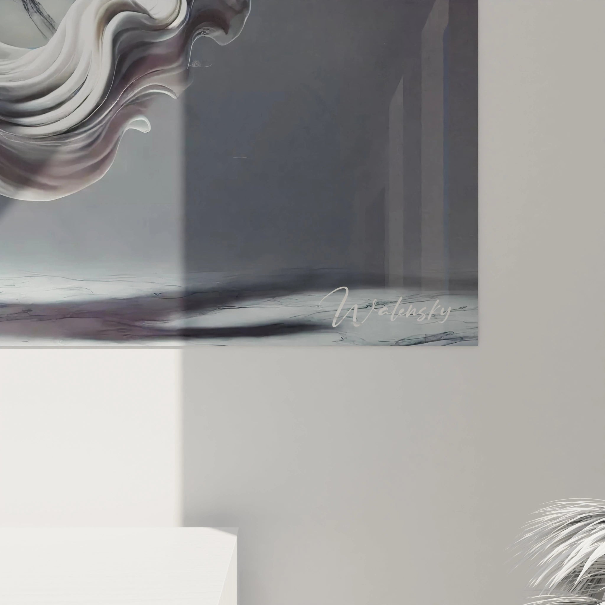 La texture marbrée du tableau cachalot vue de près dévoile une finesse artistique captivante. Ce détail subtil fait de cette œuvre un choix parfait pour un espace contemporain.






