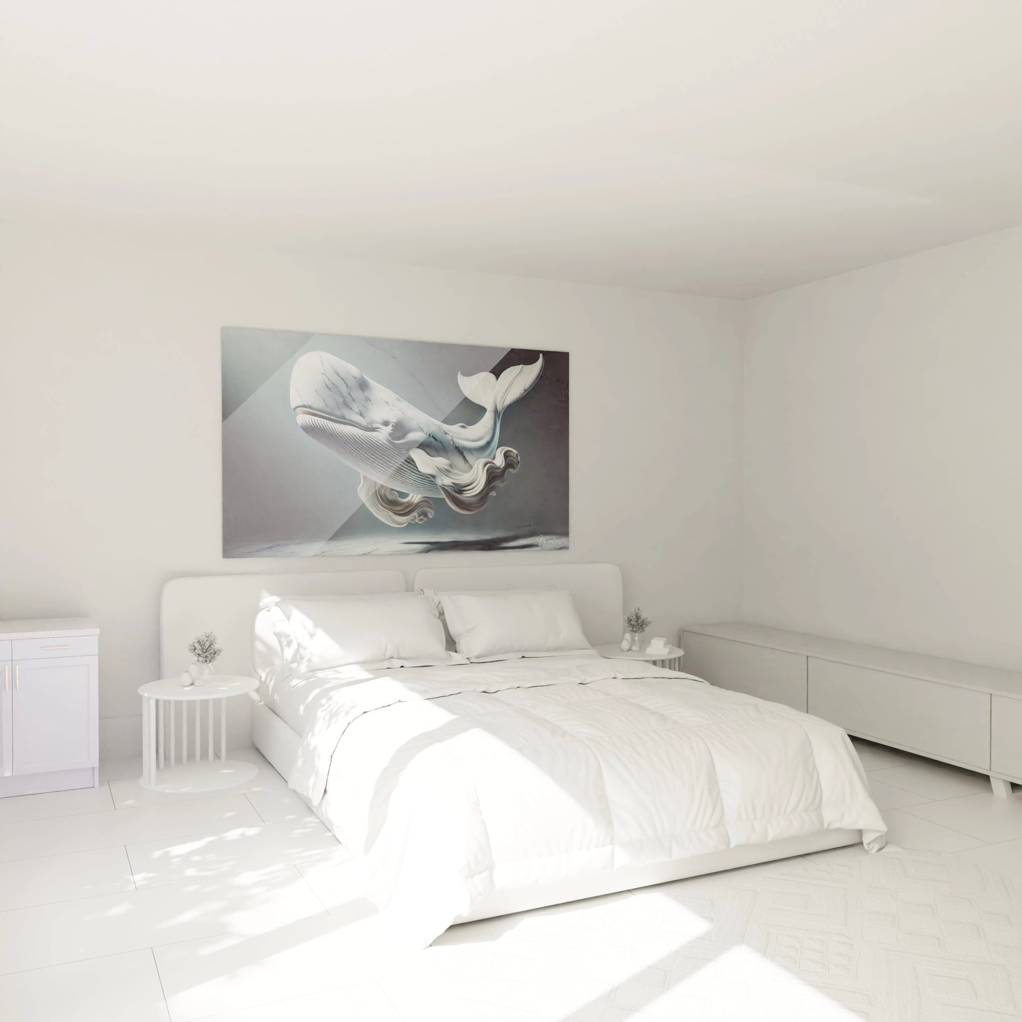 Le tableau cachalot suspendu au-dessus du lit crée une atmosphère sereine dans la chambre. Ses lignes marbrées et sa palette neutre apportent une touche de sophistication à la décoration.


