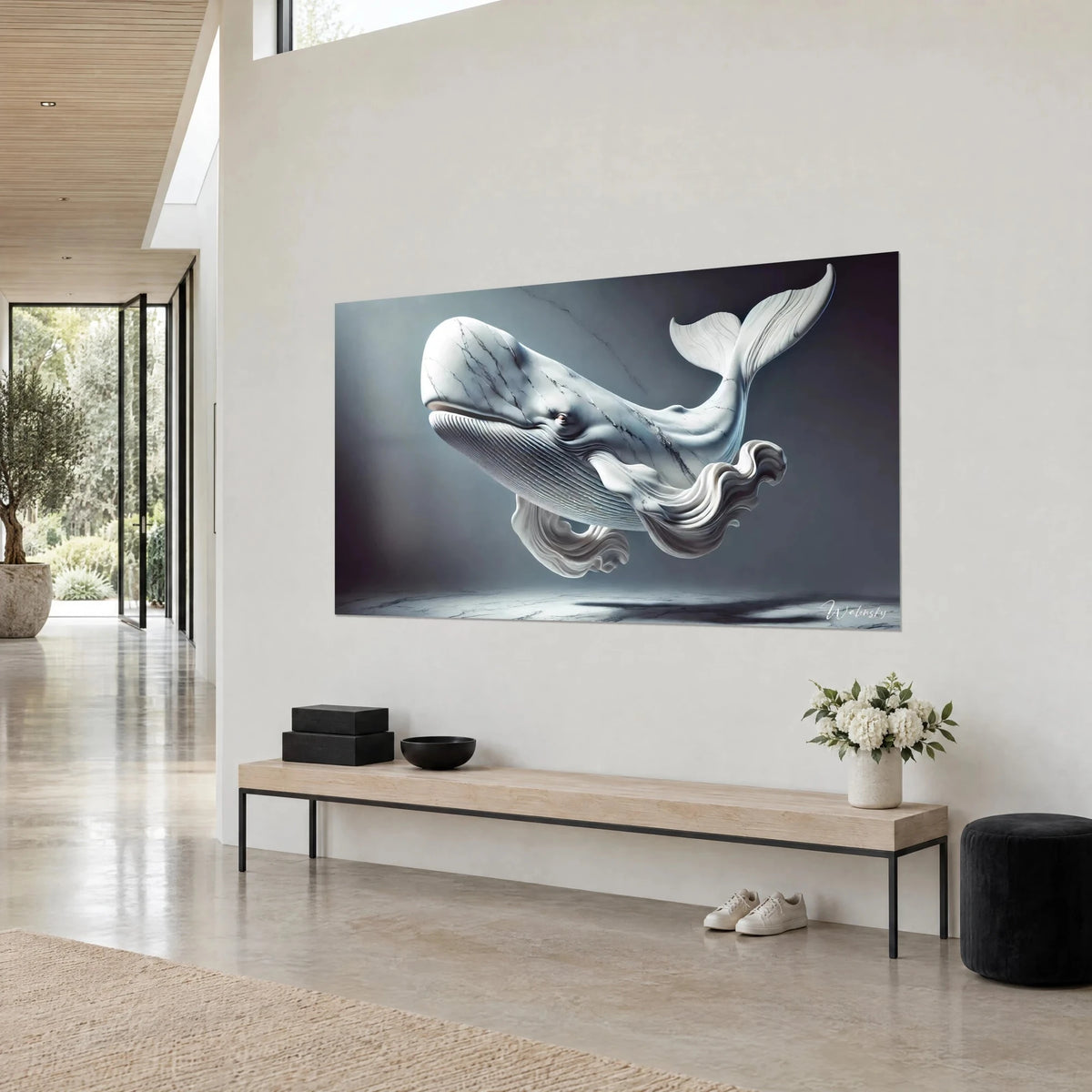 Quadro balena bianca fluttuante, coda a ventaglio e volute di pietra avorio su fondo ardesia, vista di scorcio nell'ingresso