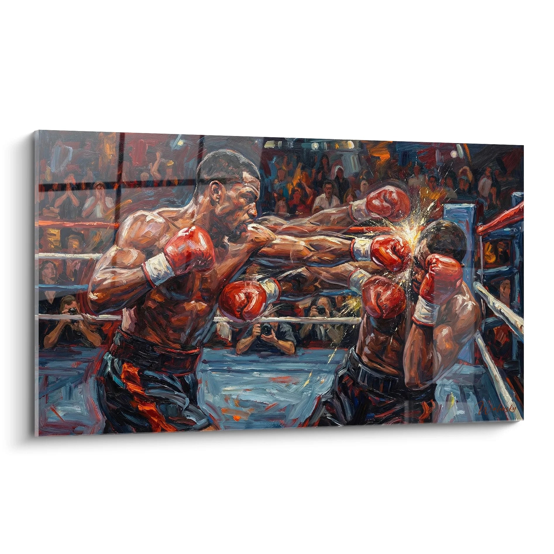 Tableau combat de boxe intense avec deux boxeurs échangeant des coups sur le ring