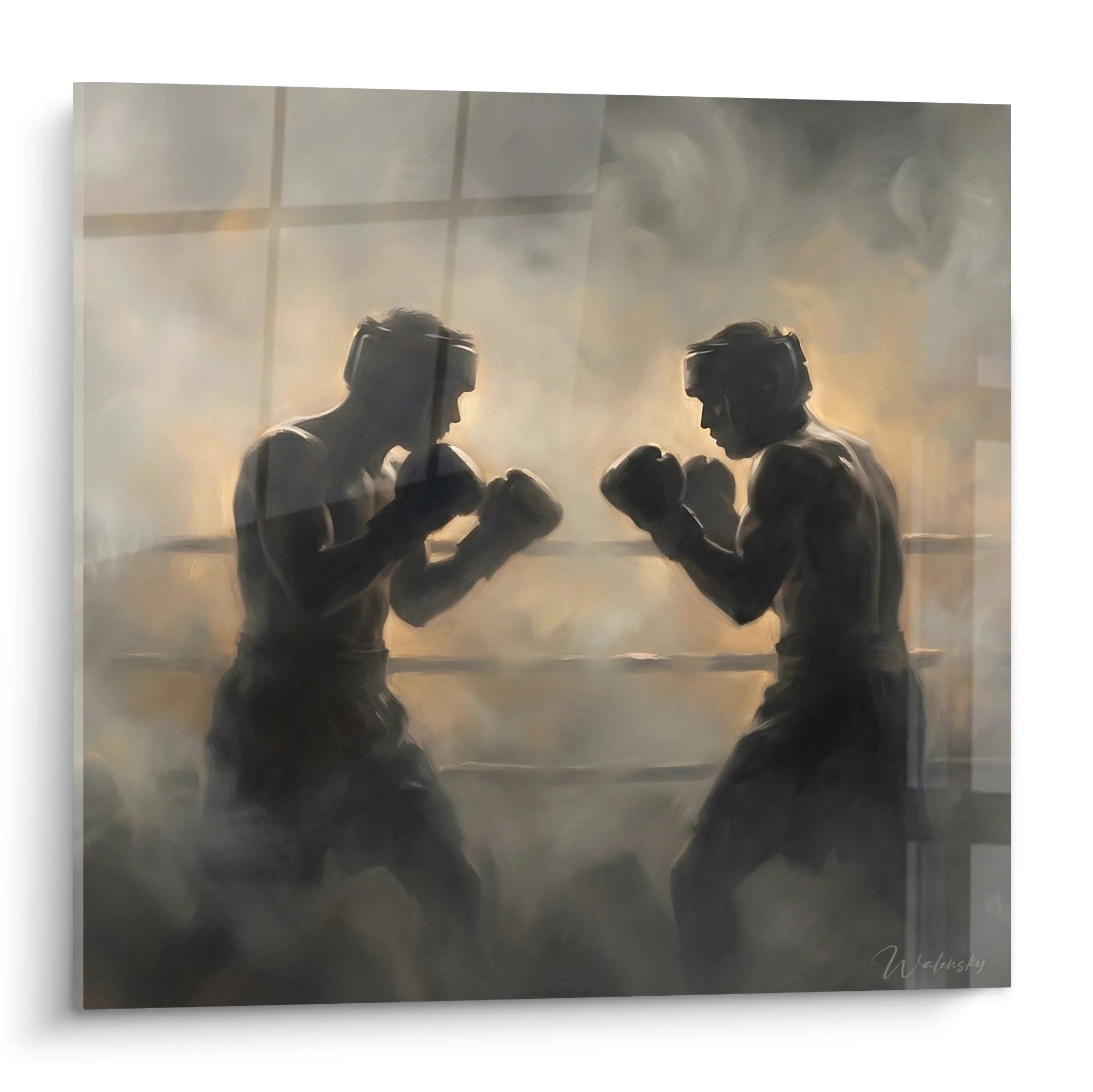 Tableau combat de boxeurs dans la brume, art mural sport moderne décoration intérieure
