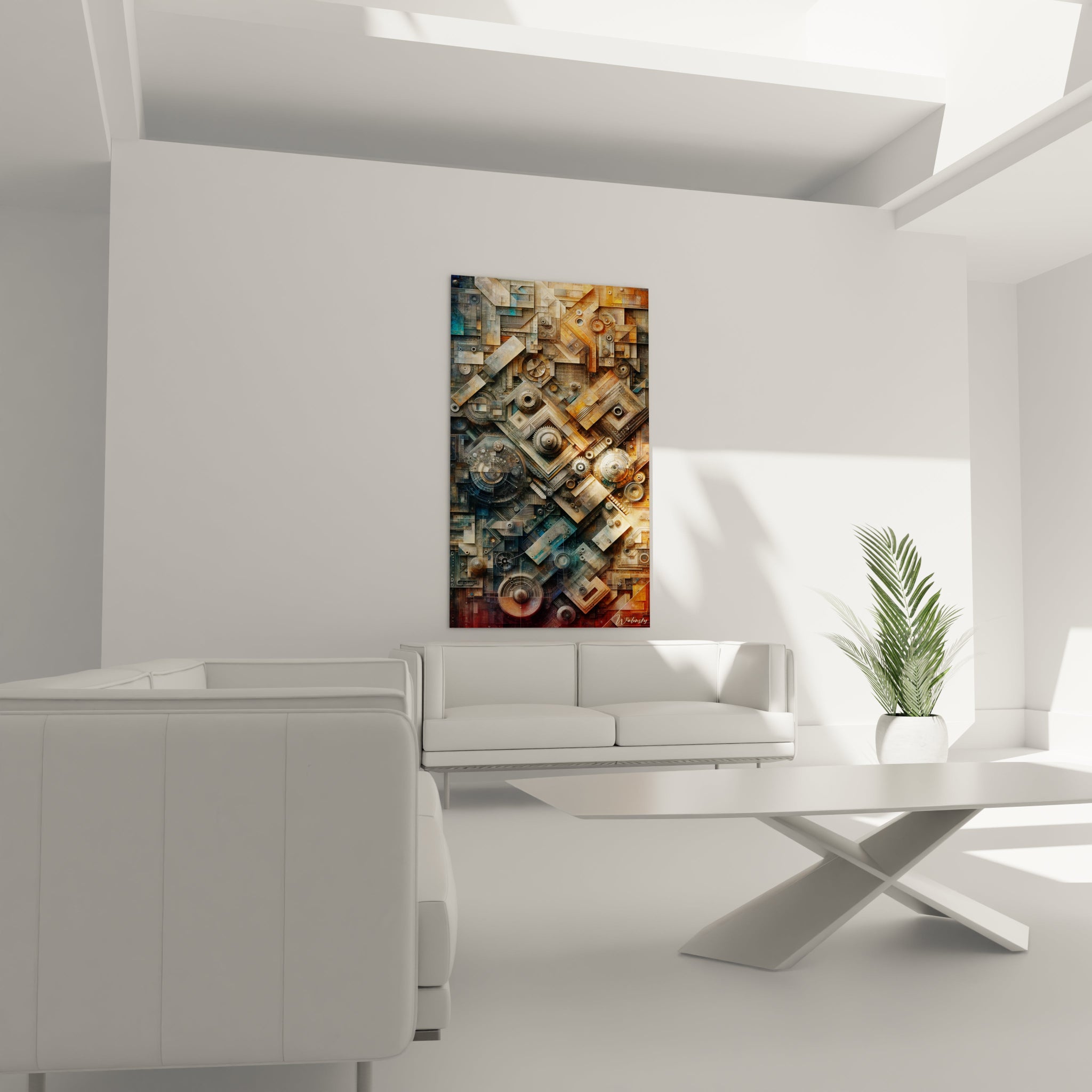Un tableau abstrait d'architecture mécanique. Les couleurs principales sont brun cuivré, bleu acier et gris métallisé. La texture présente des formes géométriques stratifiées avec des motifs répétitifs, des cercles concentriques, des quadrillages et des hachures créant une impression de circuit imprimé ou de machinerie complexe.
