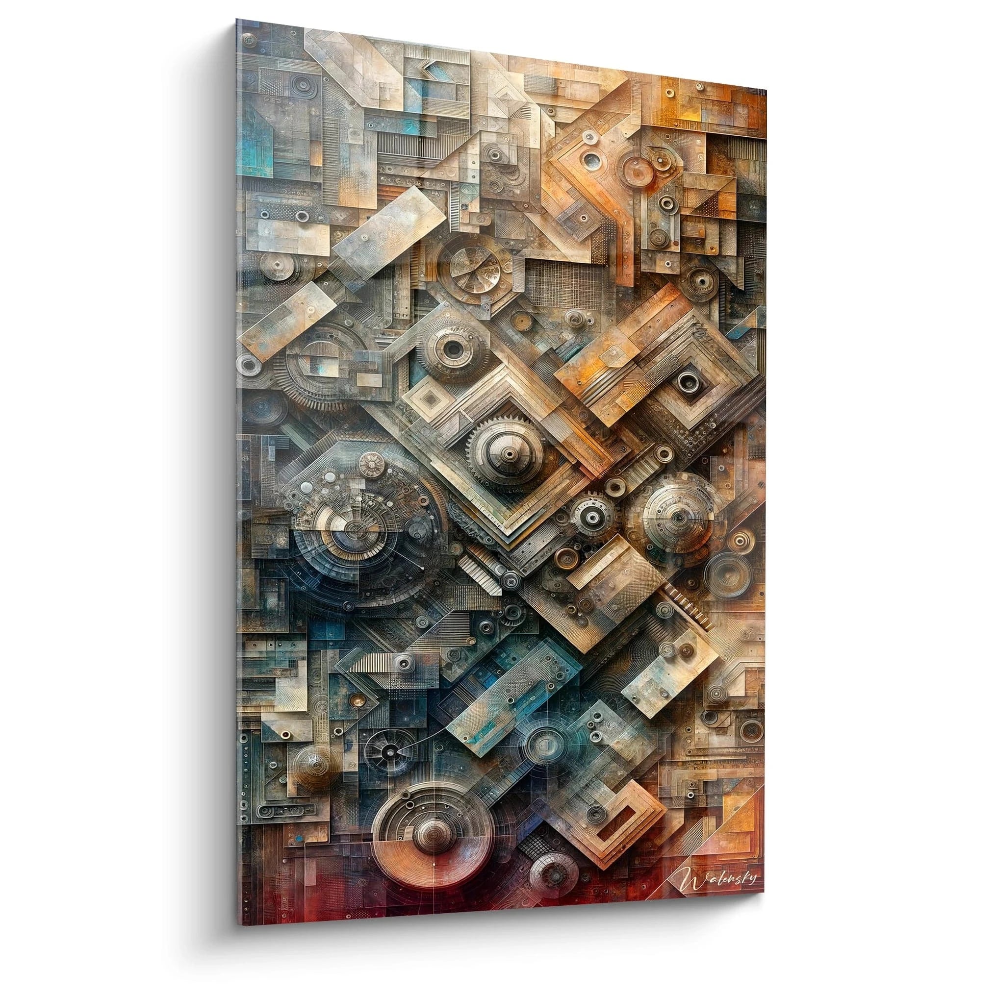 Un tableau abstrait de mécanismes techniques superposés. Dominé par des teintes cuivrées, bleu-gris métallique et rouille. La texture présente des formes géométriques angulaires entremêlées de disques concentriques, avec des motifs gravés, hachurés et quadrillés créant un effet de relief mécanique complexe.
