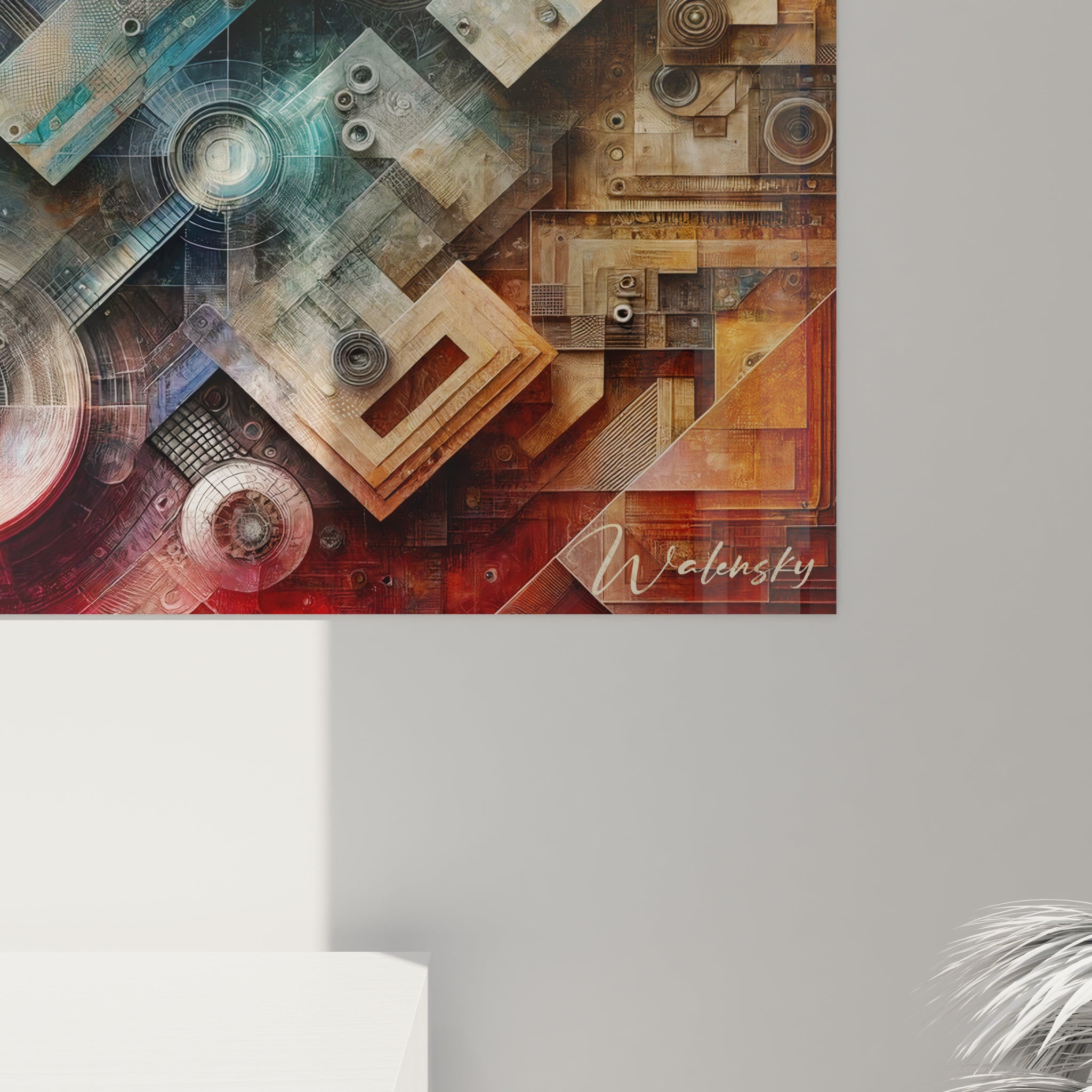Un tableau abstrait de structures technologiques imbriquées. Utilise des nuances de bleu métallique, orange rouillé et gris argenté. La texture présente des rectangles diagonaux entrelacés avec des disques mécaniques, des motifs gravés, des surfaces quadrillées et des éléments circulaires concentriques formant une composition dense et stratifiée.
