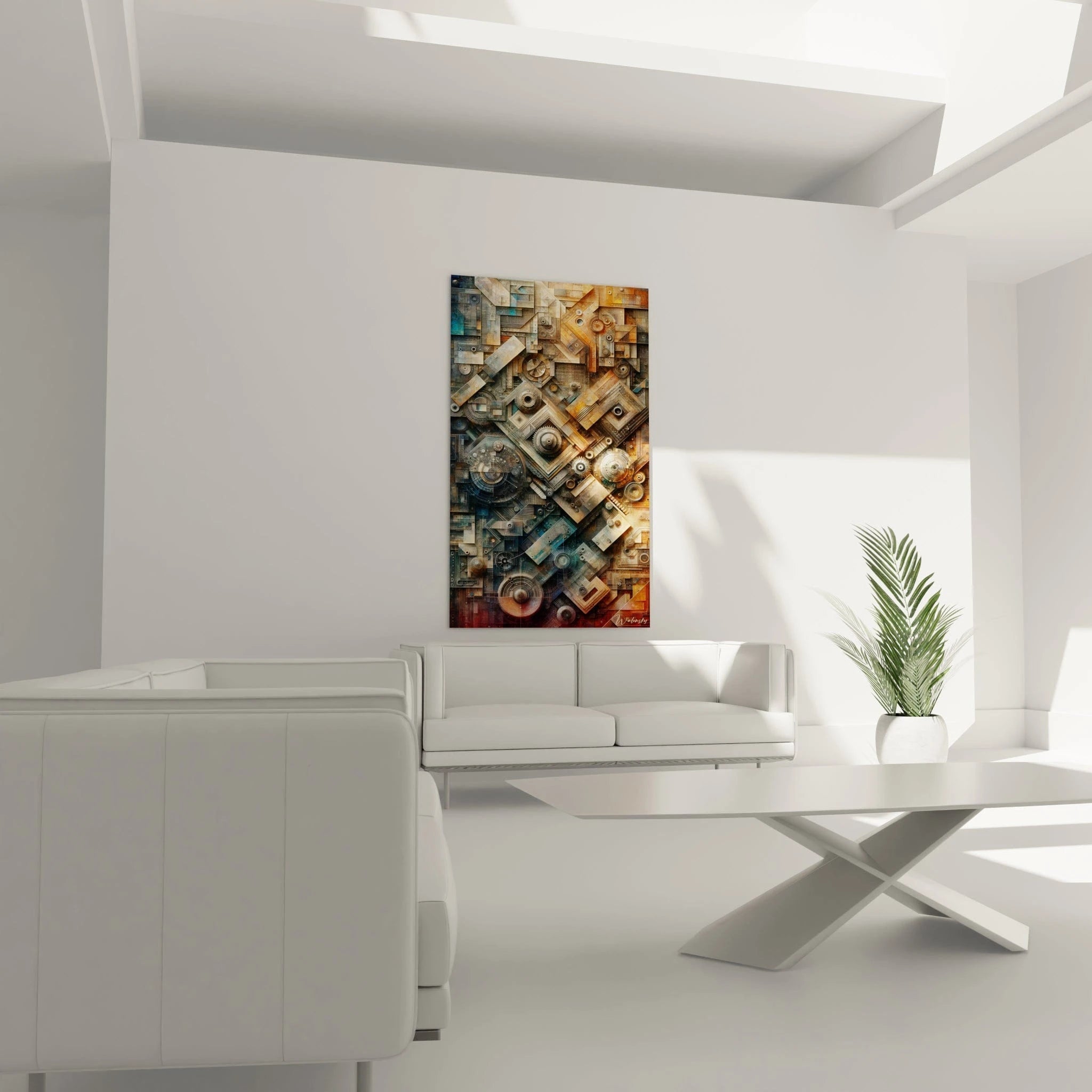 Un tableau abstrait d'architecture mécanique. Les couleurs principales sont brun cuivré, bleu acier et gris métallisé. La texture présente des formes géométriques stratifiées avec des motifs répétitifs, des cercles concentriques, des quadrillages et des hachures créant une impression de circuit imprimé ou de machinerie complexe.
