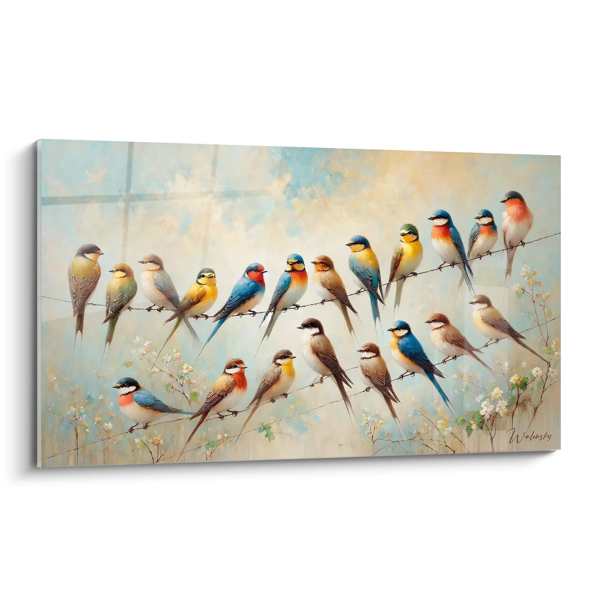 Ce tableau oiseaux présente une composition éclatante avec des teintes vives de jaune, bleu et orange. Vue de biais, cette scène naturelle capture parfaitement l’harmonie et le mouvement.