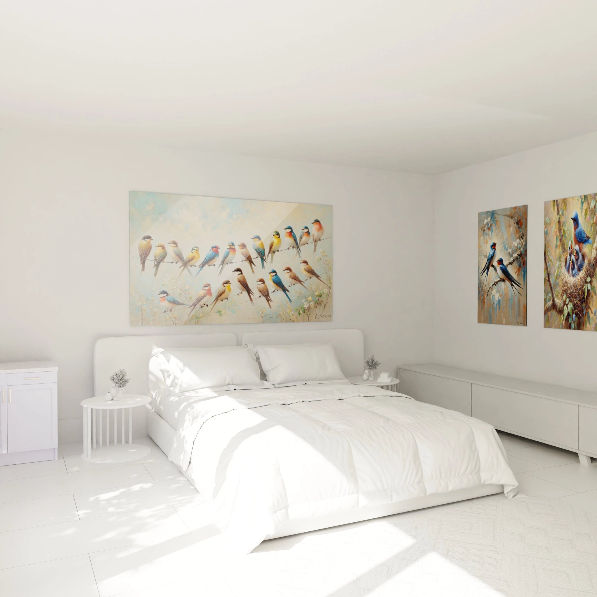 Accroché au-dessus du lit, ce tableau oiseaux enrichit la chambre avec ses couleurs douces et sa scène harmonieuse. Il apporte une touche de nature et de tranquillité à votre espace de repos.