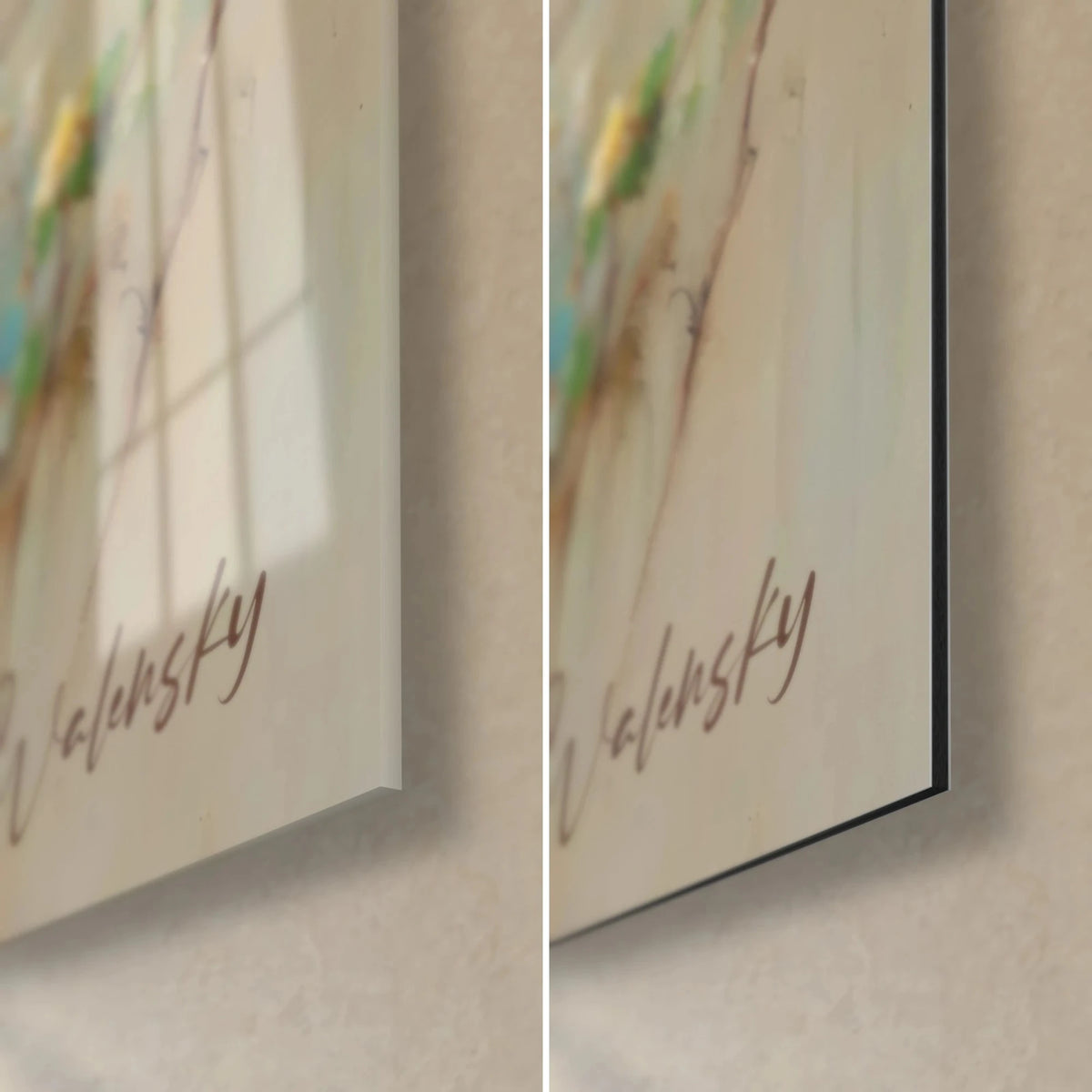 Quadro stormo di cinciallegre dipinte, angolo in basso a destra: firma Walensky su vetro lucido e Dibond alluminio opaco, spessore 3 mm
