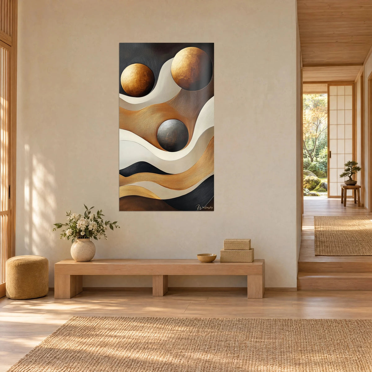 Cuadro con tres globos cobrizos y gris acero flotando sobre ondulaciones beige y marrones, pared crema, banco de madera clara