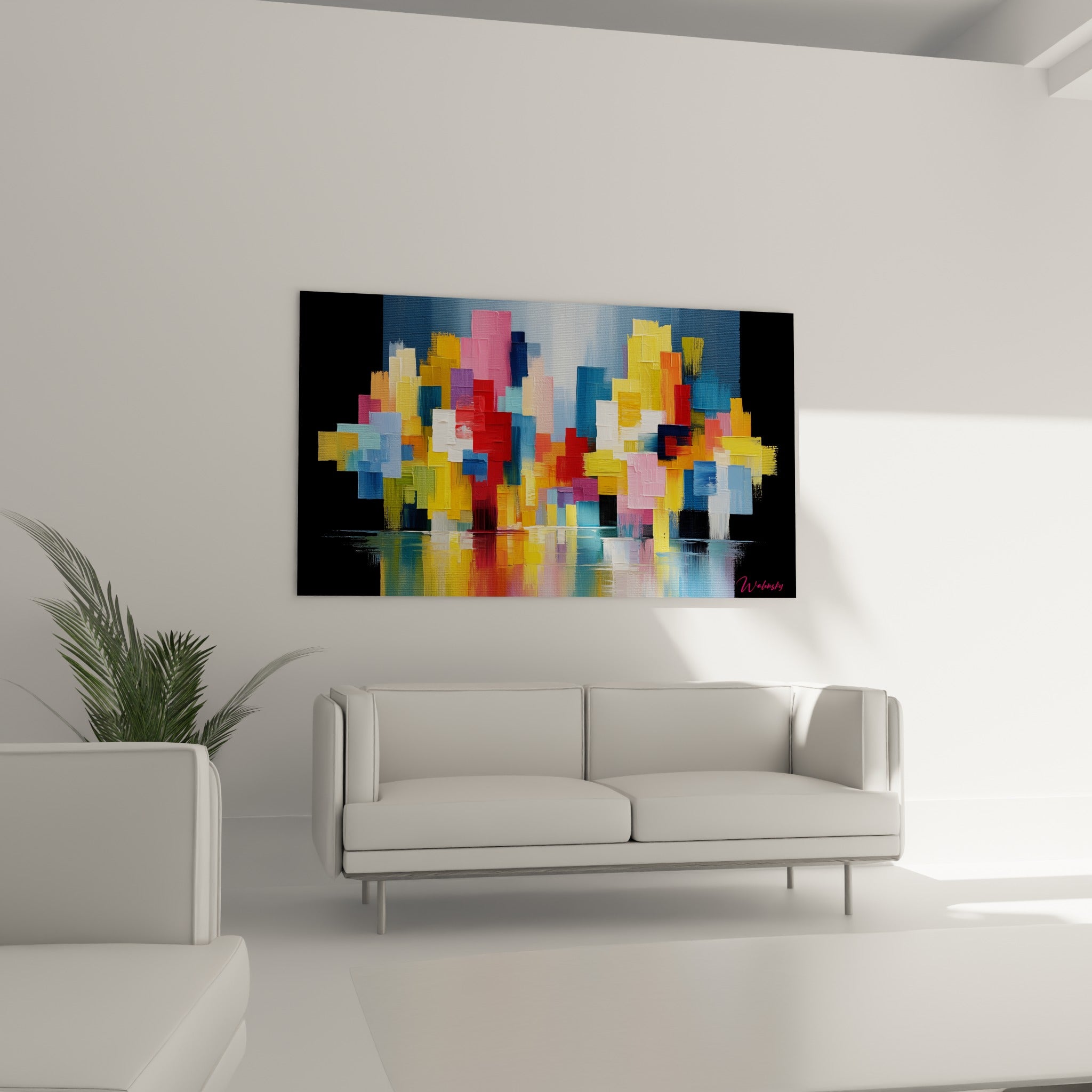 Composition dorée et rose en empâtements épais, au-dessus d'un canapé dans un salon lumineux