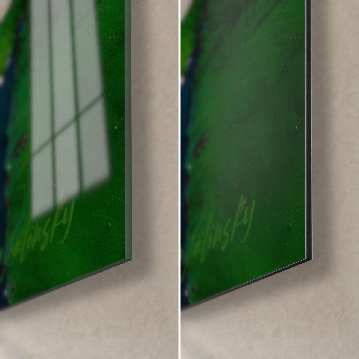 Schilderij witte en diepgroene waterlelie, onderhoek rechts: glanzend acrylglas links, mat Dibond-aluminium rechts, rand van 3 mm